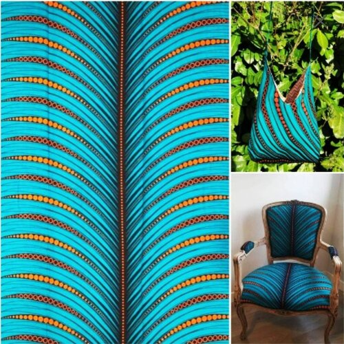 Tissu wax 100% coton,motif plumes, couleur turquoise,à partir de 50cm/119 cm de largeur.