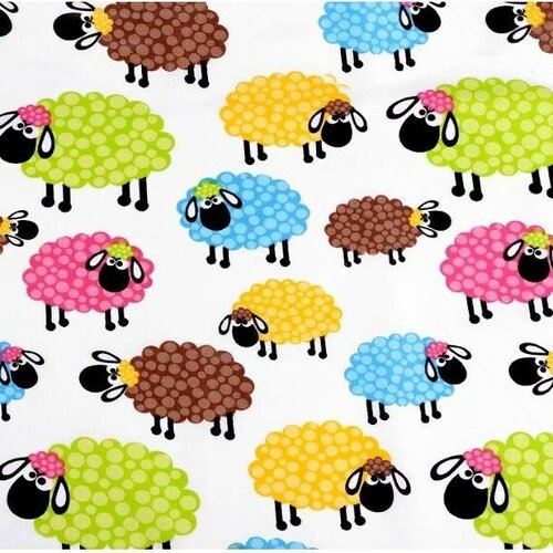 Tissu coton, motif &quot;moutons joyeux&quot;, couleur blanc à partir de 50cm, 2 largeurs au choix(80cm ou 160cm de laize). certifié oeko tex .