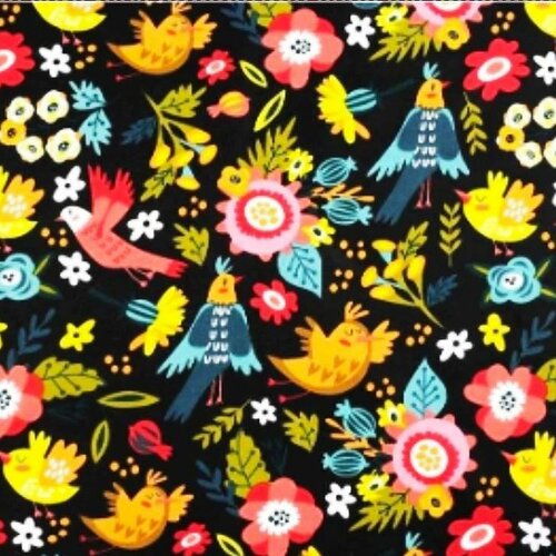 Tissu coton, motif &quot;oiseaux chanteur&quot;, couleur noire,à partir de 50cm, 2 largeurs au choix(80cm ou 160cm de laize).