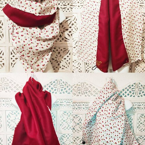 Écharpe enroulée cachemire 100% laine et joli tissu en coton fleuri, double face,tons rouges bordeaux,élégant, idée cadeau .écharpe triangle