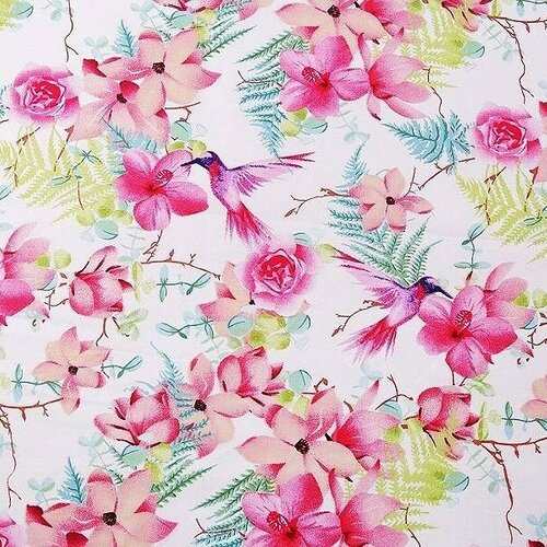 Tissu coton, motif motif&quot;oiseaux  fleuri&quot;, couleur blanc rose ,à partir de 50cm,160cm de laize.