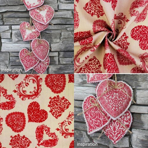 Tissu décoratif motifs cœurs rouges fond biege,assez épais, rigide,à partir de 50 cm.2 largeurs et 3 couleurs aux choix.livraison offerte.