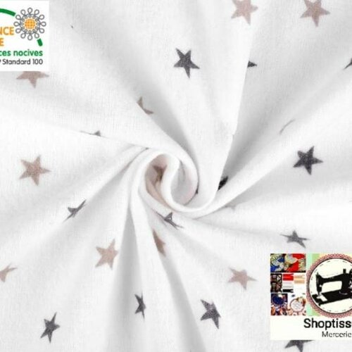 Tissu en flanelle de coton, motifs étoiles blanc gris .a partir de 50cm , 2 largeurs aux choix (80cm ou 160cm).livraison offerte.