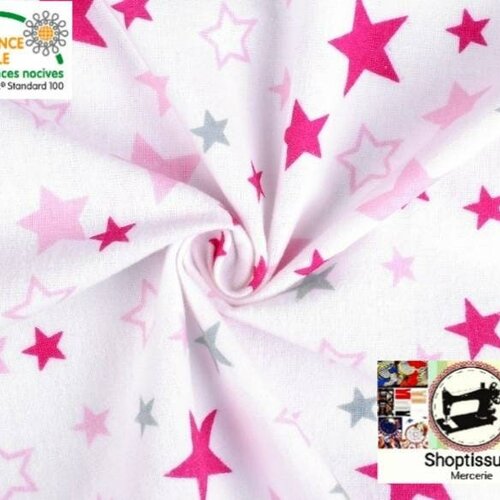 Tissu en flanelle de coton, motifs étoiles blanc rose.a partir de 50cm , 2 largeurs aux choix (80cm ou 160cm).livraison offerte.