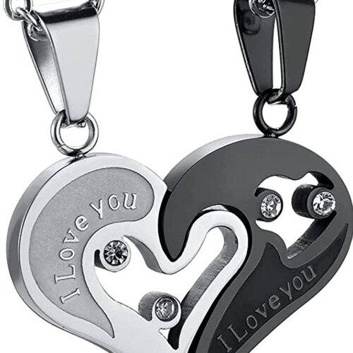 2 pcs collier couple coeur amoureux puzzle collier acier inoxydable unisexes,pendentif love,  idée cadeau saint valentin ou anniversaire.