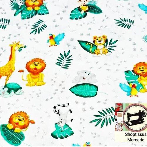 Tissu en coton motif animaux safari, jungle ,par 50 cm