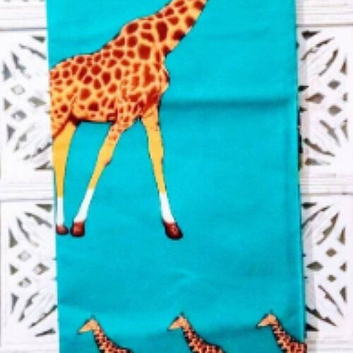 Tissu wax motif, safari,girafe,fond turquoise, imprimé animal,à partir de 50 cm /116 cm