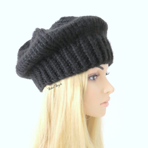 Bonnet tricot fait main laine acrylique noir femme, chapeau hiver, béret gavroche, couvre chef, toque chauffe tête, cadeau maman
