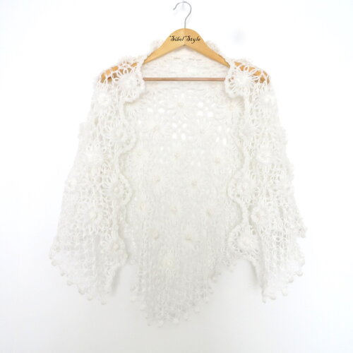 Châle triangle crochet fait main blanc femme, etole motif fleurs, cape de mariée, accessoires de mariage, chauffe cache couvre épaule
