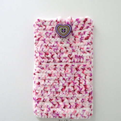 Housse téléphone portable crochet fait main velours rose blanc, pochette smartphone étui mobile cellulaire, cadeau anniversaire femme