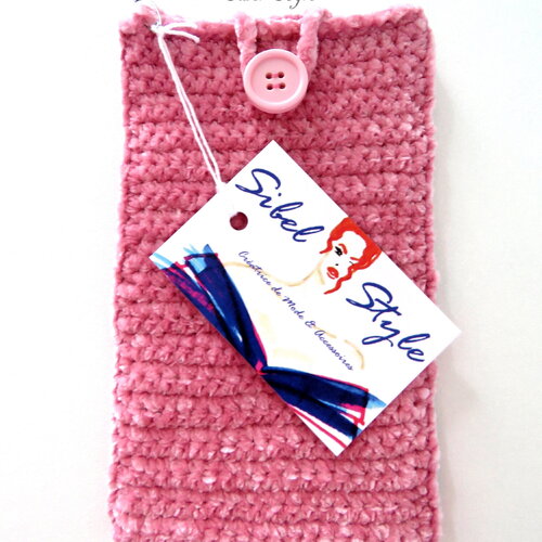 Housse téléphone portable, étui souple crochet fait main velours rose, petite pochette smartphone cellulaire cadeau anniversaire femme