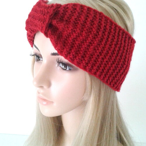 Bandeau cheveux femme tricot fait main rouge, headband, chauffe cache oreilles hiver, accessoire de coiffure, cadeau anniversaires noël