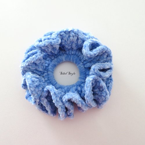 Chouchou élastique cheveux crochet fait main bleu lavande femme, attache chignon, accessoire de coiffure, cadeau noël fille