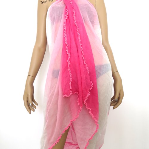 Paréo de plage coloris rose et blanc pour femme, sarong, écharpe, foulard longue forme rectangulaire, cadeau  fête des mères