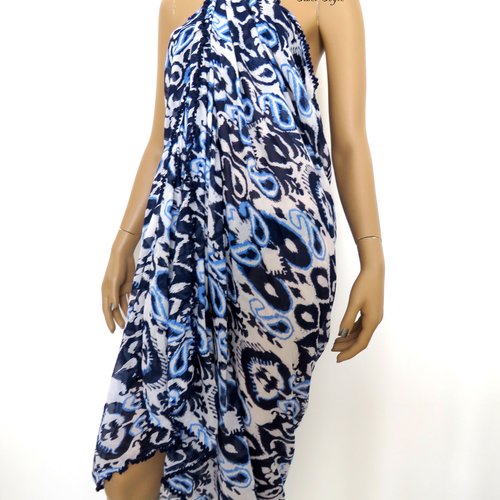 Paréo de plage femme, sarong imprimé bleu clair marine indigo blanc, cache maillot de bain, couvre bikini, accessoire de plage fait main