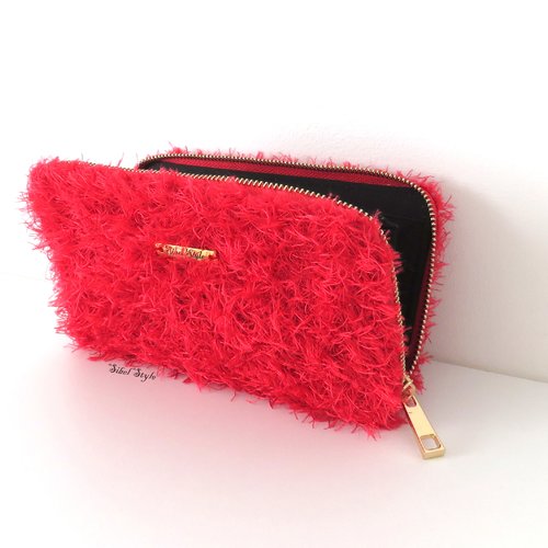 Portefeuille rouge en fausse fourrure tricotée pour femme, porte-monnaie fait main, pochette