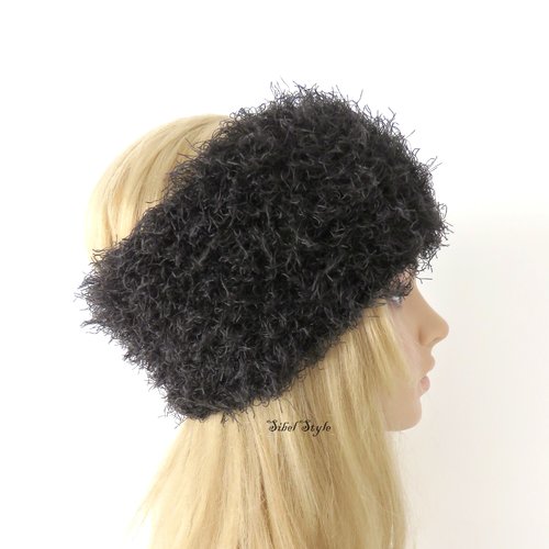 Bandeau tricot fait main aspect fausse fourrure noir femme, chauffe caches oreilles turban bandeau hiver, cadeau femme noël anniversaire