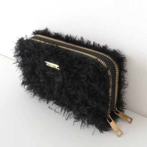 Portefeuille à double fermeture éclair aspect fausse fourrure noir tricot fait main femme, grand porte-monnaie porte-cartes original