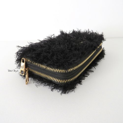 Portefeuille à double fermeture éclair femme fait main aspect fausse fourrure noir, grand porte-monnaie porte-cartes original