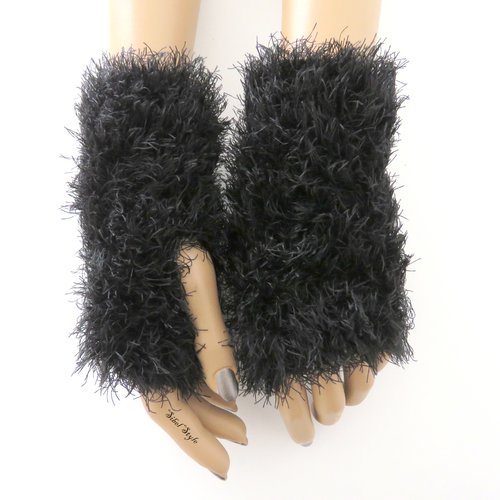 Mitaines au tricot fait main fausse fourrure noir pour femme, gants sans doigts, manchettes chauffe mains poignets hiver, cadeau mères