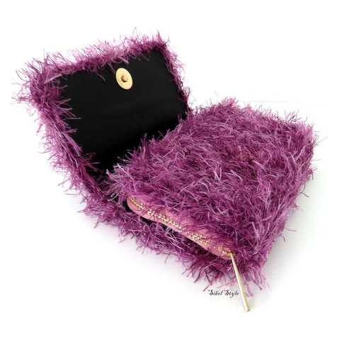 Porte monnaie femme tricot fait main fausse fourrure mauve violet rose, portefeuille, mini pochette