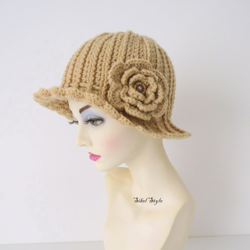 Chapeau cloche bob au crochet fait main coloris beige pour femme, bonnet d'hiver, cadeau fête des mères