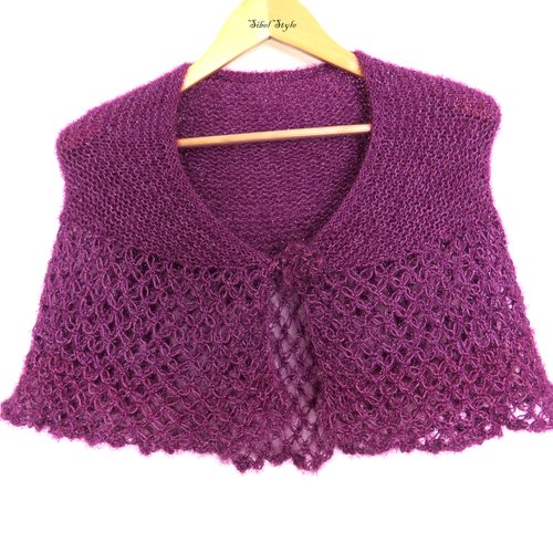 Capelet tricotée à la main, boléro violet prune, cape de mariage châle de soirée, poncho, châle crochet femme, couvre épaules