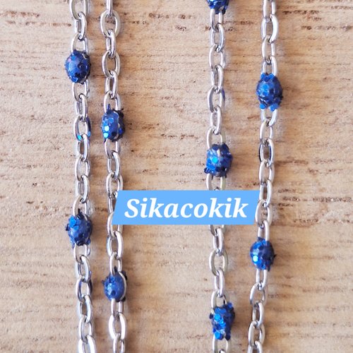 Chaine acier inoxydable argenté 50cm email paillettes bleu saphir