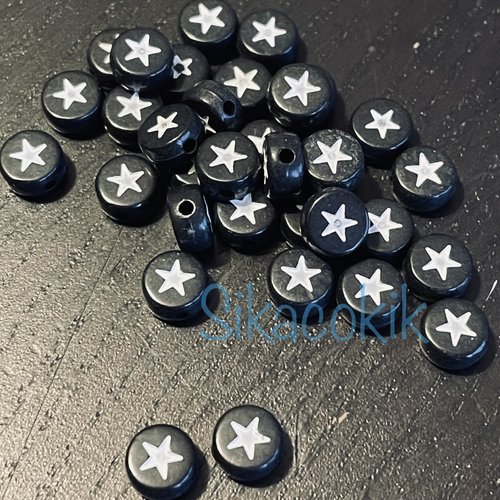 50 perles rondes couleur noir étoile blanche 7mm