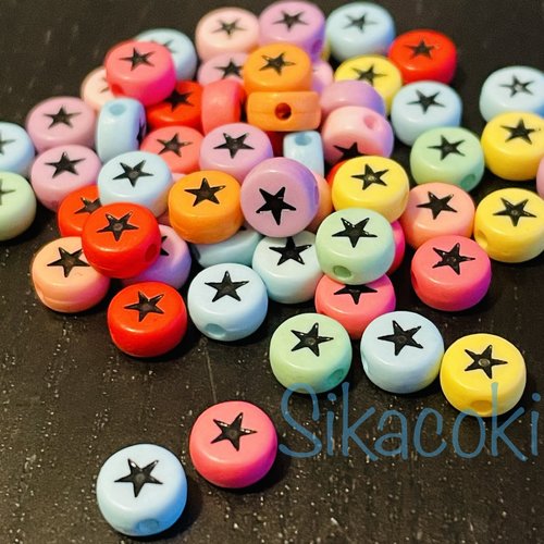 50 perles rondes couleurs variées étoile noire 7mm