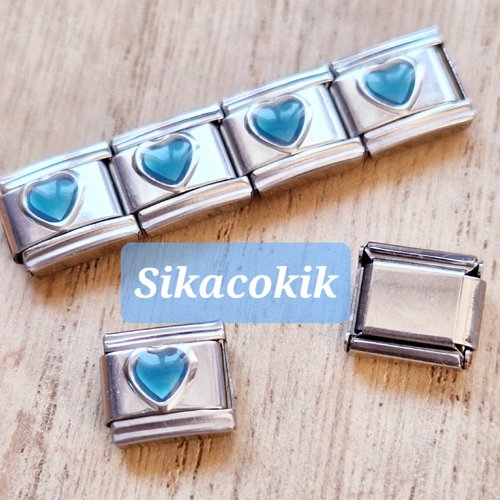 1 maille bracelet coeur bleu transparent acier argent italien