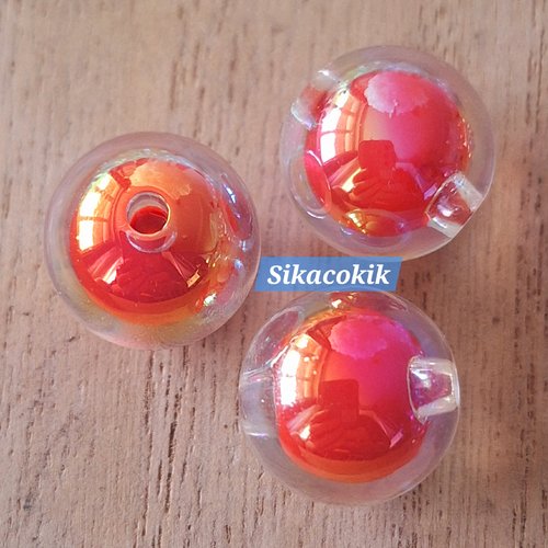 1 perle dans perle acrylique ronde ab transparente rouge irisé 16mm