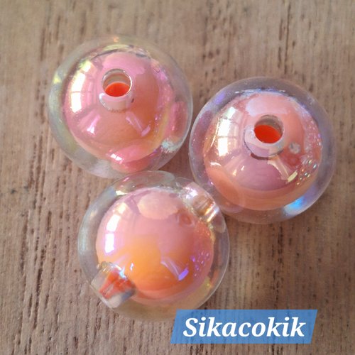 1 perle dans perle acrylique ronde ab transparente saumon orange irisé 16mm