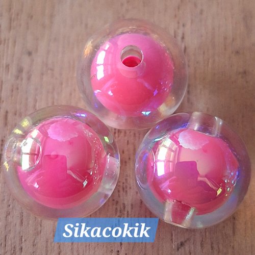 1 perle dans perle acrylique ronde ab transparente rose irisé 16mm