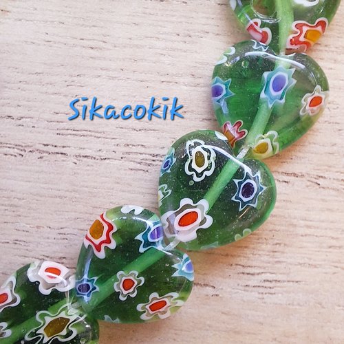4 perles cœur en verre millefiori 12mm vert transparent