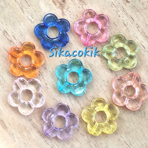 1 perle fleur transparent bleu-vert couleur vive 19mm acrylique
