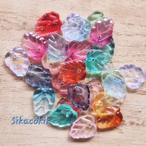 20 perles breloques feuilles en verre bi-couleur, couleurs variées 13*10mm