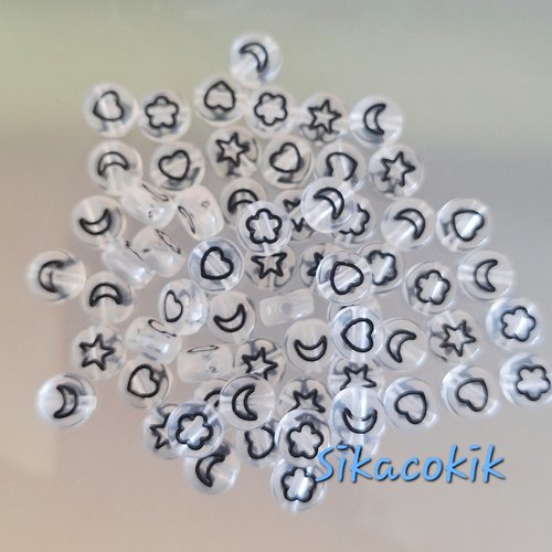 200 perles rondes acrylique transparente dessins noir 7mm