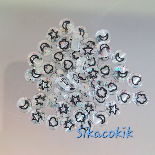 200 perles rondes acrylique transparente avec paillettes dessins noir 7mm