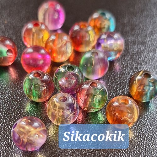10 perles 8mm transparentes colorées avec fil d'or