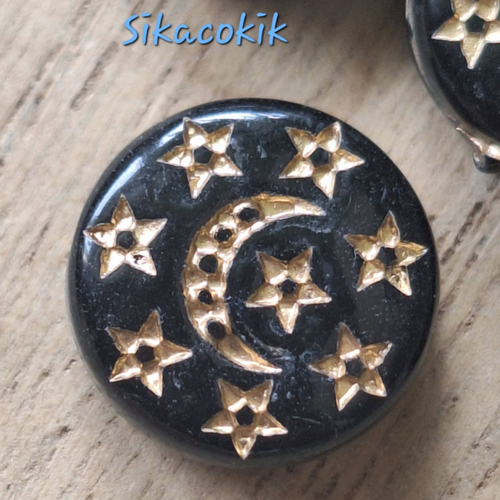 20 perles rondes et plates, acrylique, noire, lune et étoile dorée, 13mm*5mm