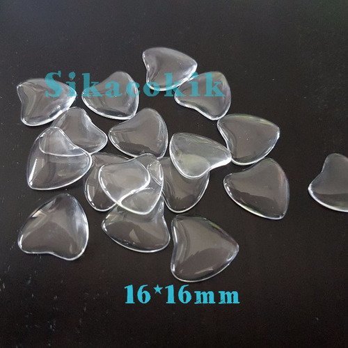 10 cabochons en verre coeur transparents 16mm