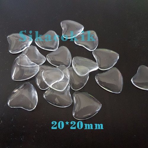 10 cabochons en verre coeur 20mm transparents