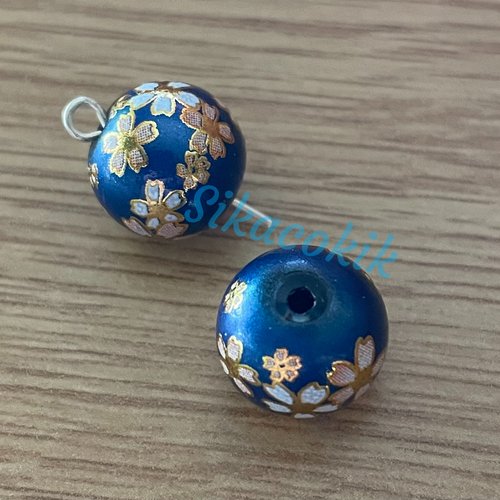 1 perle en verre bleu ronde avec fleurs de cerisier sakura 12mm