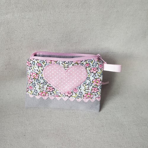 Porte monnaie plat gris et fleurs rose