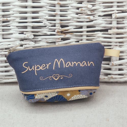 Porte monnaie bleu et ocre  "super maman"