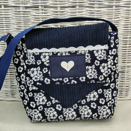 Besace sac à main fleurs ble marine et blanc