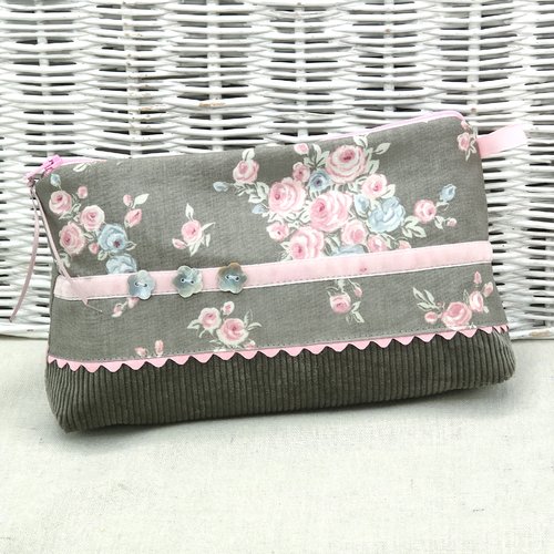 Trousse de toilette fleurs gris et rose