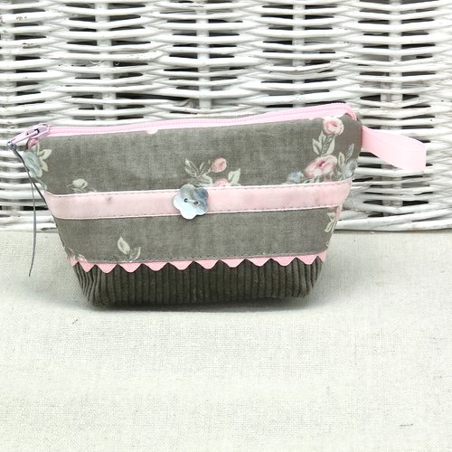Porte monnaie fleurs gris et rose