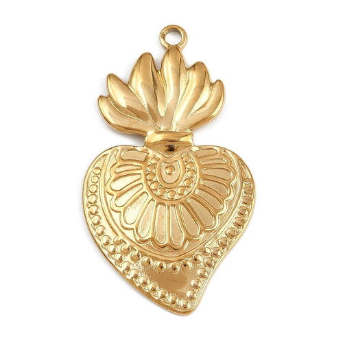 Pendentif cœur ex voto doré en acier 304 inoxydable 38 mm cœur doré